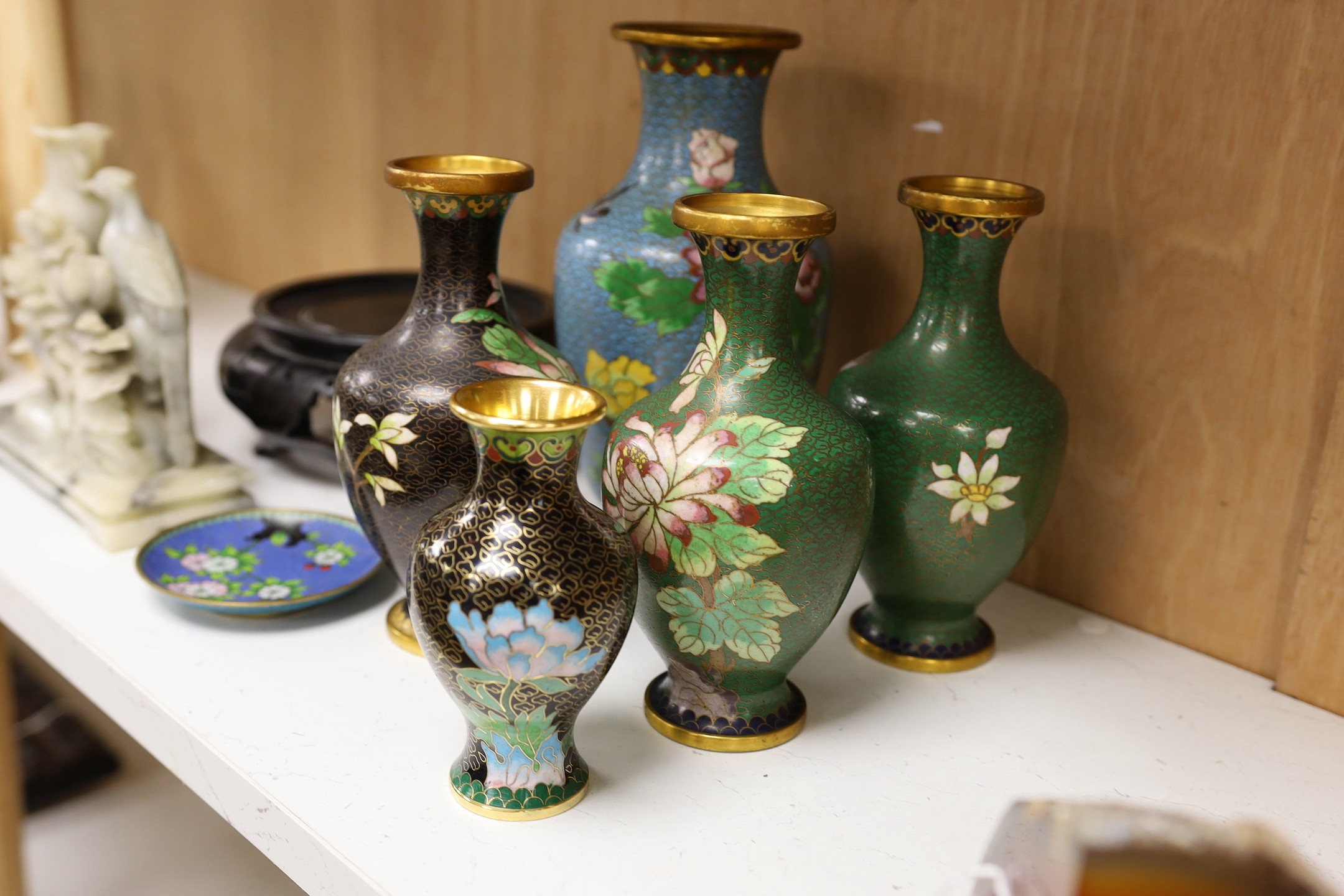 Six Chinese cloisonné enamel vases, one hardwood stand and a hardstone group, tallest 23cm